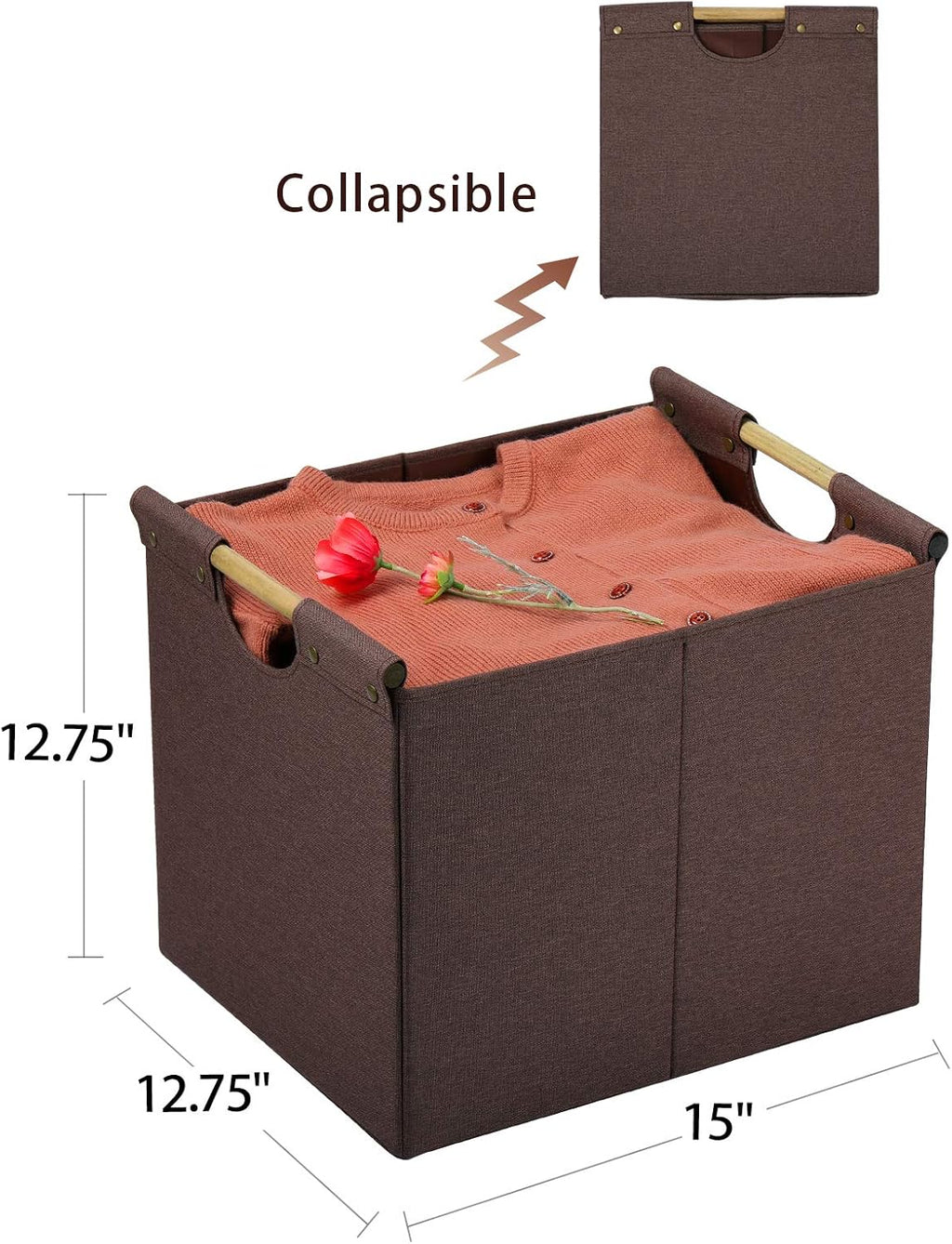 HOONEX Large Collapsible Storage Bins, Linen Fabric, 2 Pack, Storage Baskets with Wooden Carry Handles and Sturdy Heavy Cardboard, for Home, Office, Car, Nursery, Brown