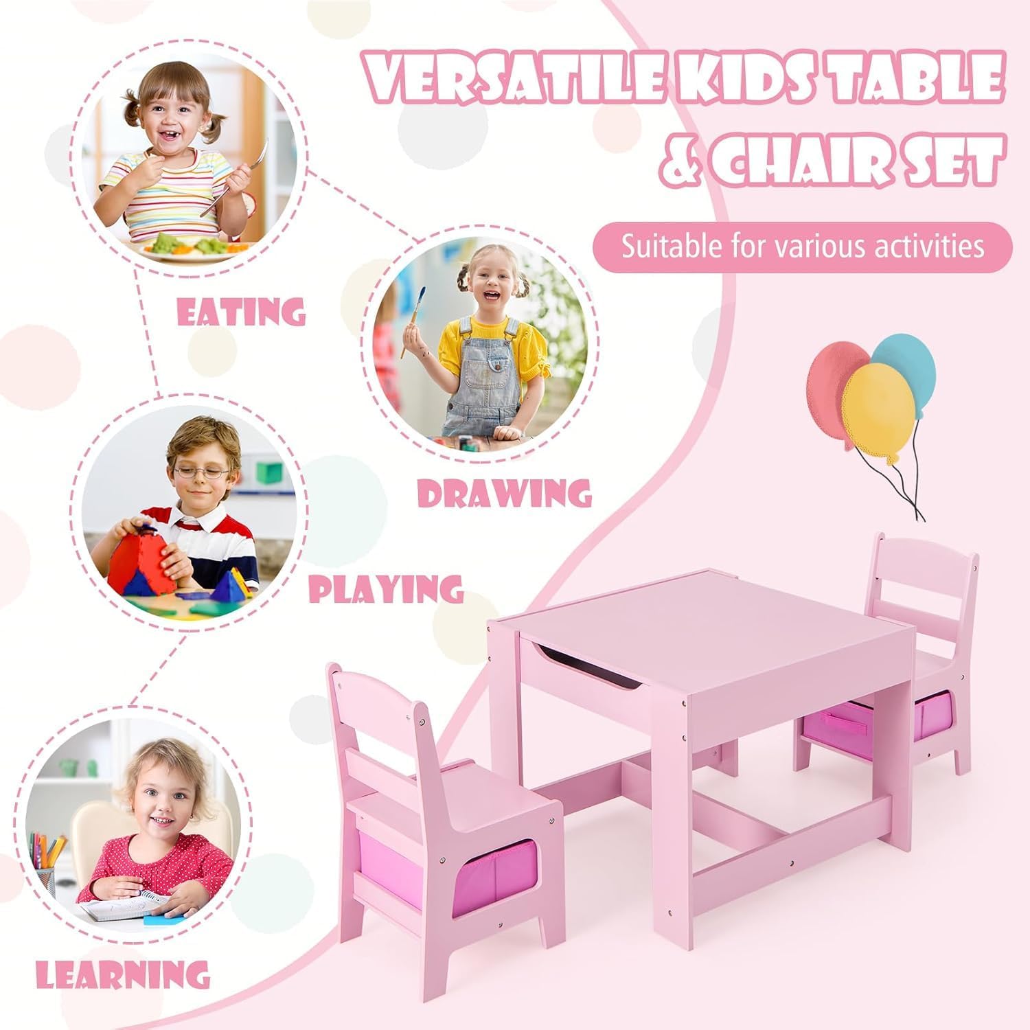 Kids Table and Chairs, 3 in 1 Wooden Kids Table with Storage Drawer, Removable Blackboard, Reversible Tabletop, Toddler Table and Chair Set for Drawing, Reading (Pink)