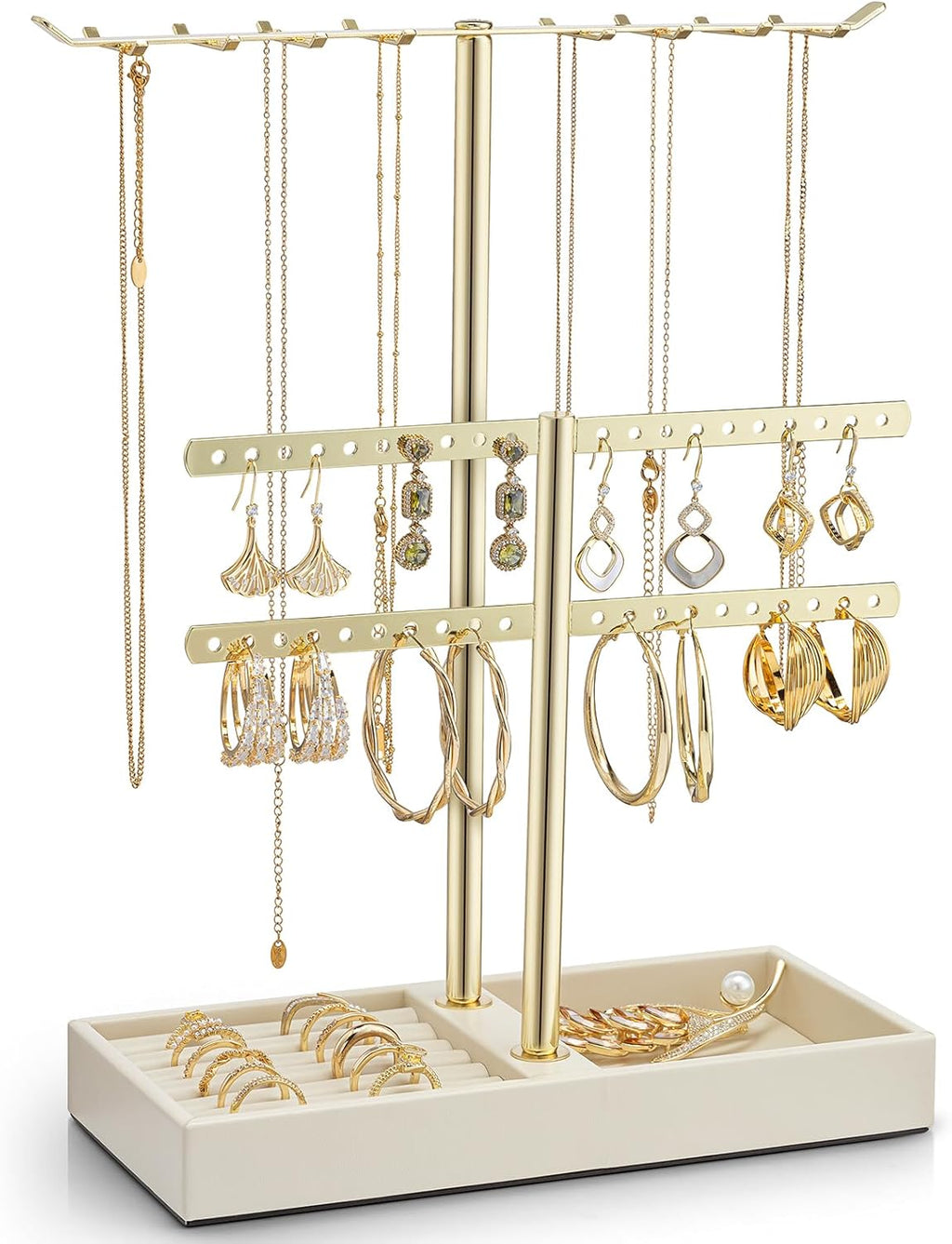 Vlando 2 Tier Jewelry Stand Organizer with Tary, Leather Jewelry Holder Display for Women, Gold Jewlery Holder Stand for Necklace, Earring, Bracelet, Rings - Cloud White