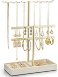 Vlando 2 Tier Jewelry Stand Organizer with Tary, Leather Jewelry Holder Display for Women, Gold Jewlery Holder Stand for Necklace, Earring, Bracelet, Rings - Cloud White