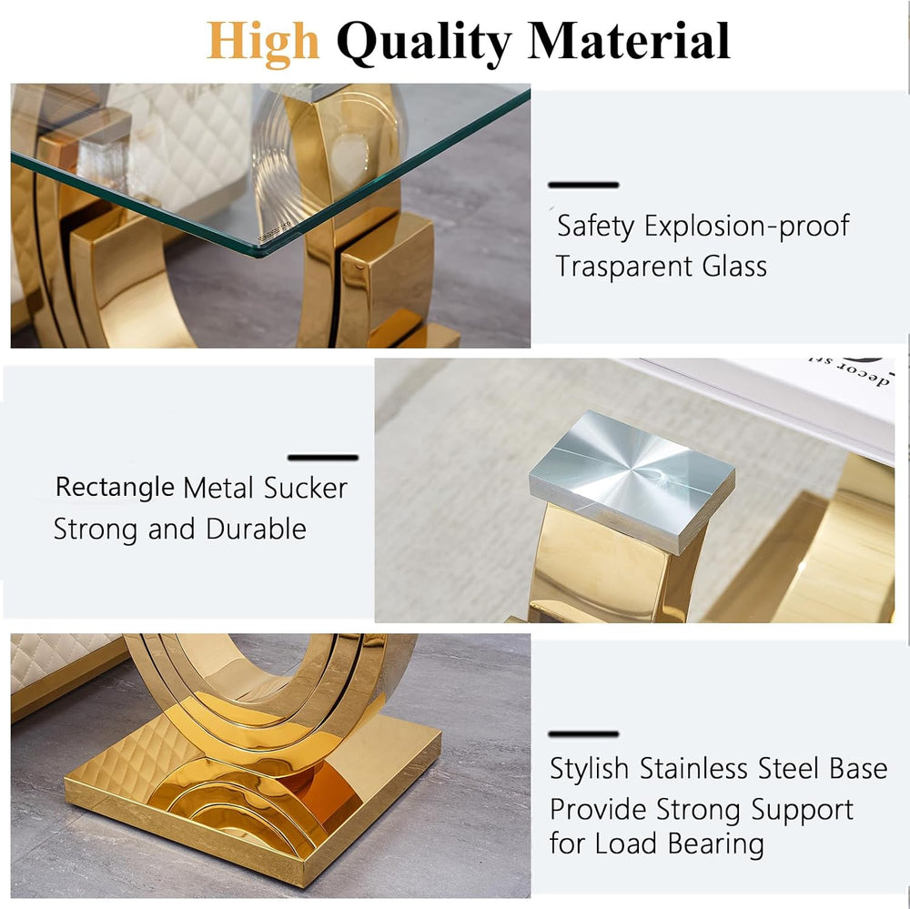 Modern End Table, Living Room End Table with Tempered Glass Top & Geometr...