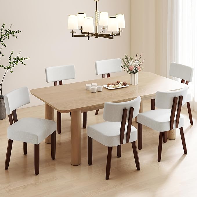 GOTMINSI Mid Century Modern Dining Chairs,Velvet Farmhouse Upholstered Kitchen Chairs, Accent Curved Backrest Dining Room Chairs with Hardwood Legs (Beige-Walnut Legs, 6PCS)