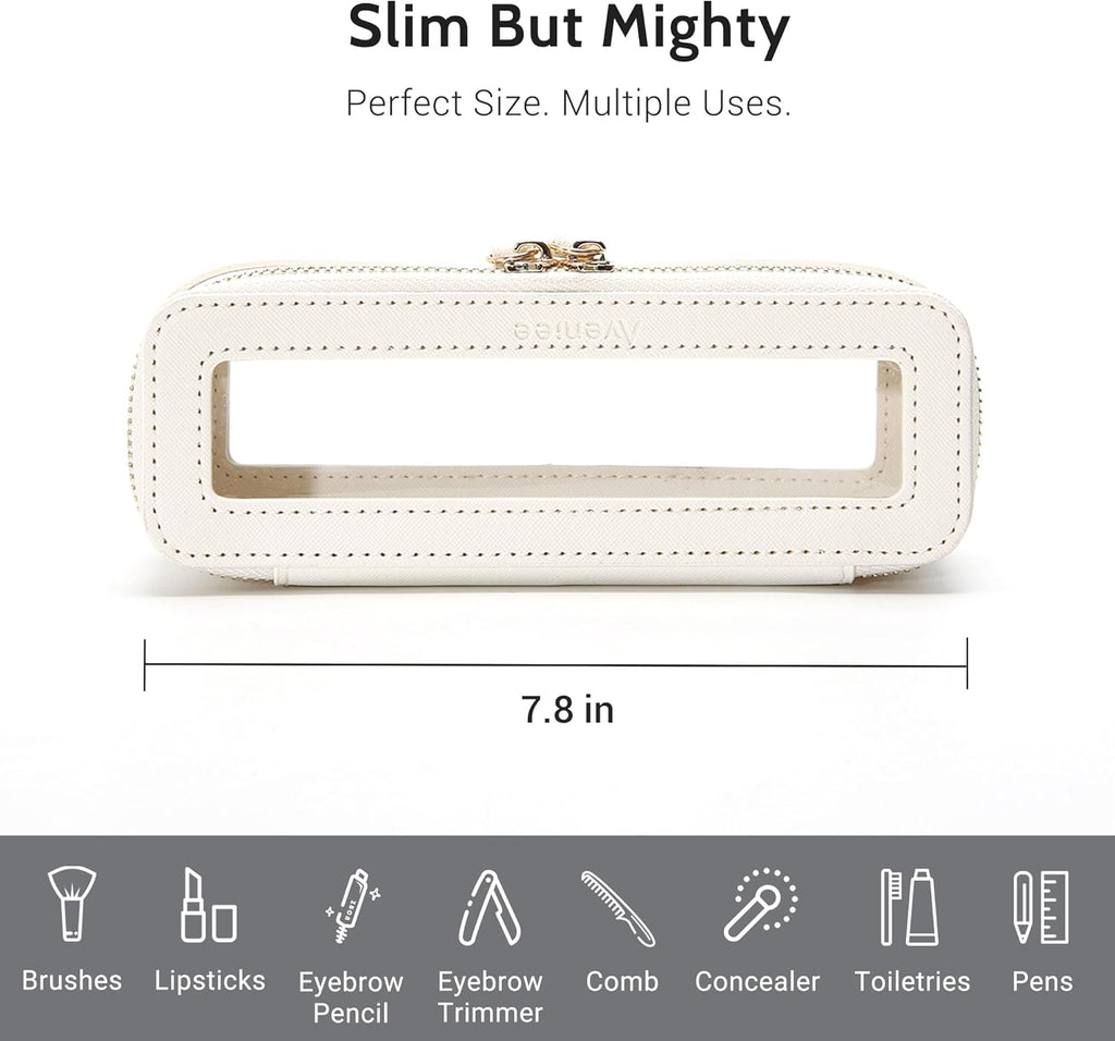 Aveniee Clear Makeup Brush Bag,Slim Cosmetic Brush Holder,Small Toiletry Bag Mini Travel Case for Women,Thin Make up Bags with Dual Zipper,Cute Travel Essentials Organizer,White