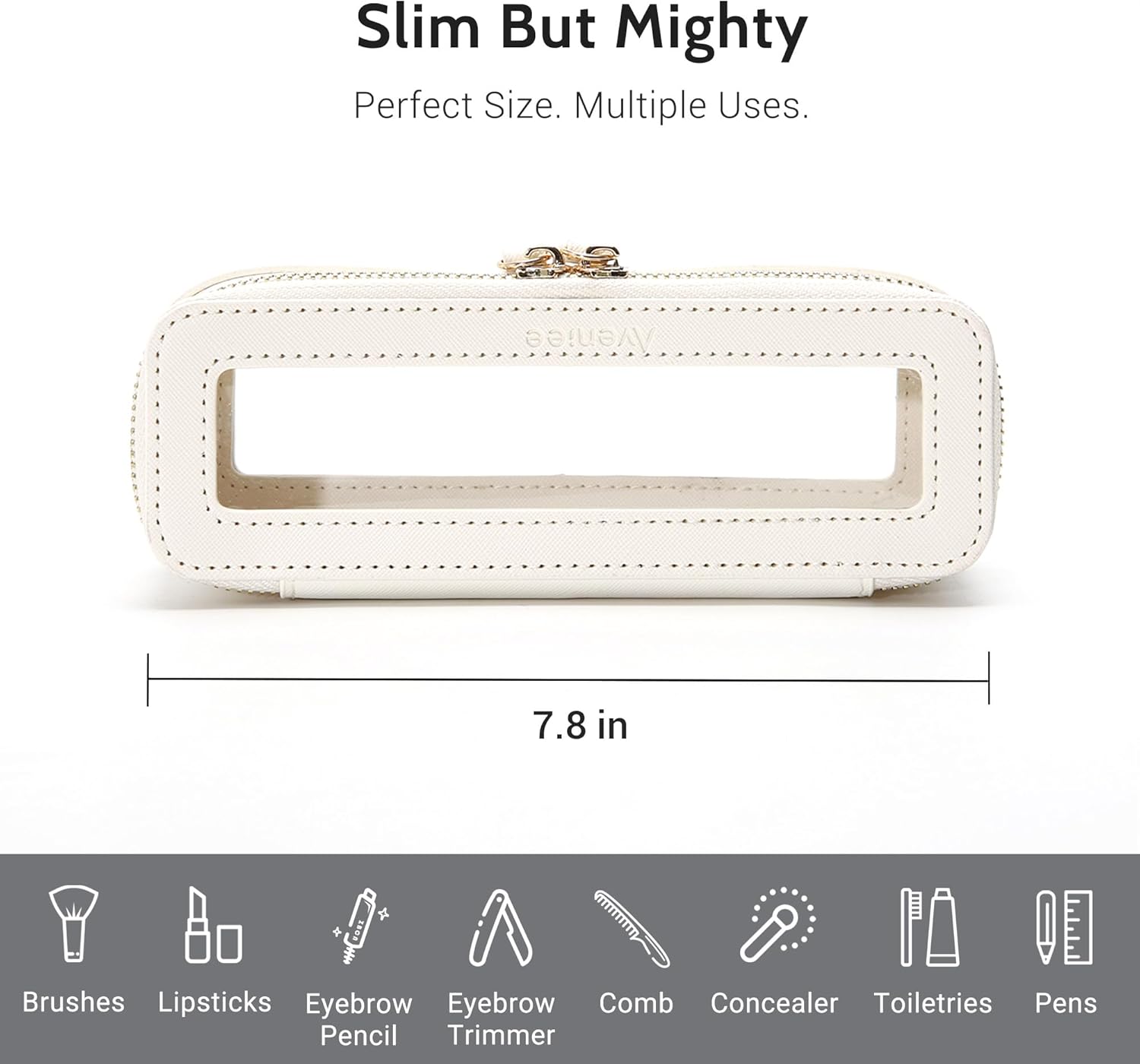 Aveniee Clear Makeup Brush Bag,Slim Cosmetic Brush Holder,Small Toiletry Bag Mini Travel Case for Women,Thin Make up Bags with Dual Zipper,Cute Travel Essentials Organizer,White