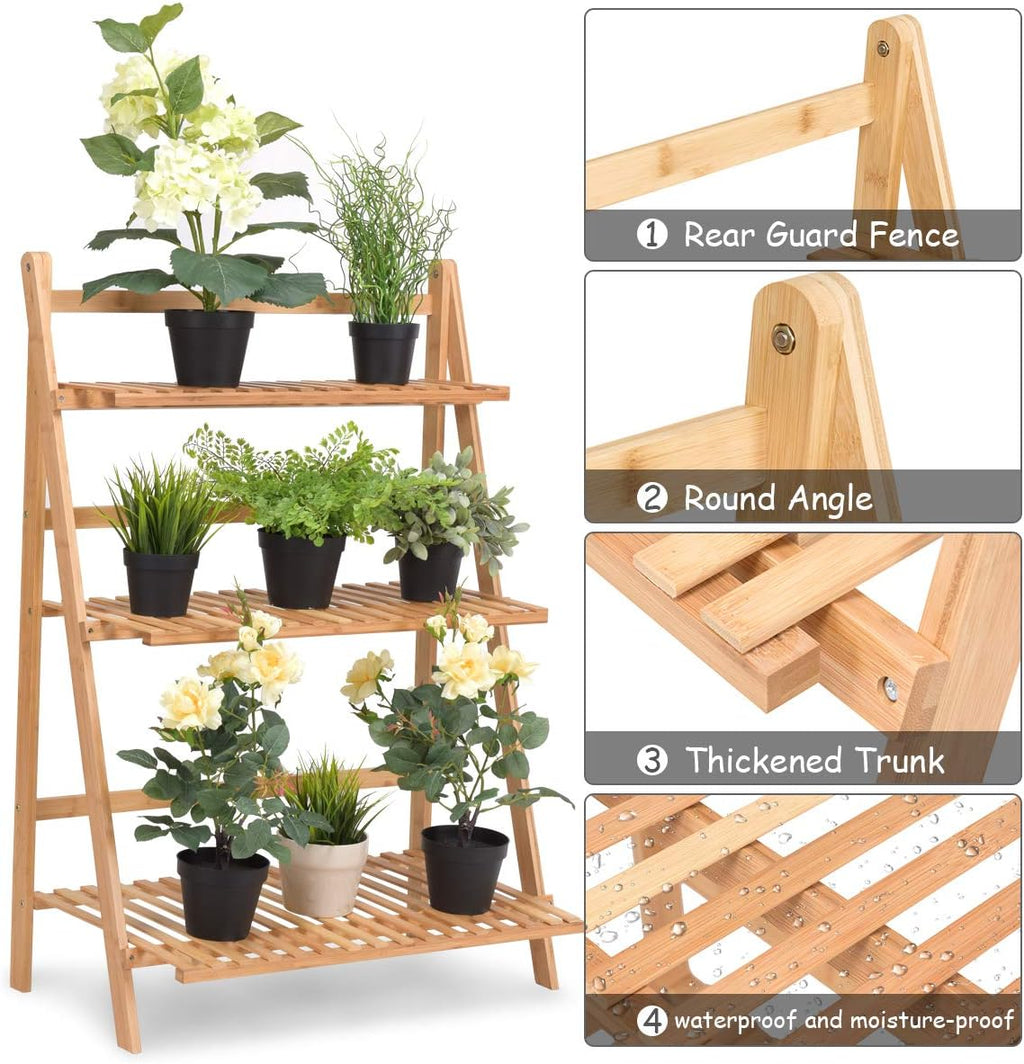 Casart Bamboo Ladder Stand Shelf, Foldable Multifunctional Flower Display Rack, 3-Tier Storage Rack for Home and Office