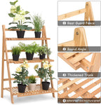 Casart Bamboo Ladder Stand Shelf, Foldable Multifunctional Flower Display Rack, 3-Tier Storage Rack for Home and Office