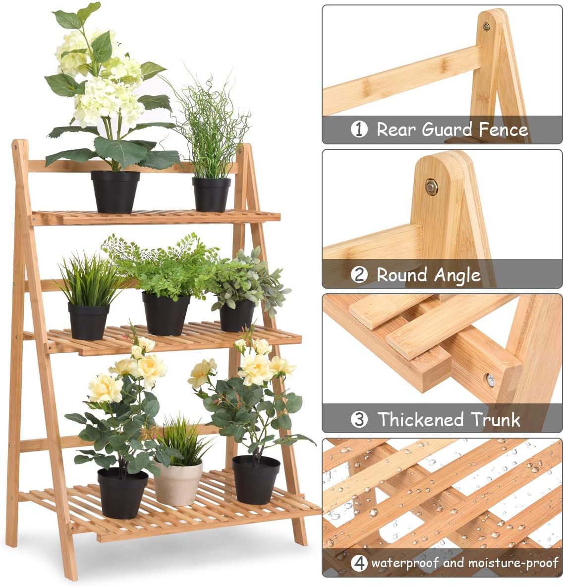 Casart Bamboo Ladder Stand Shelf, Foldable Multifunctional Flower Display Rack, 3-Tier Storage Rack for Home and Office
