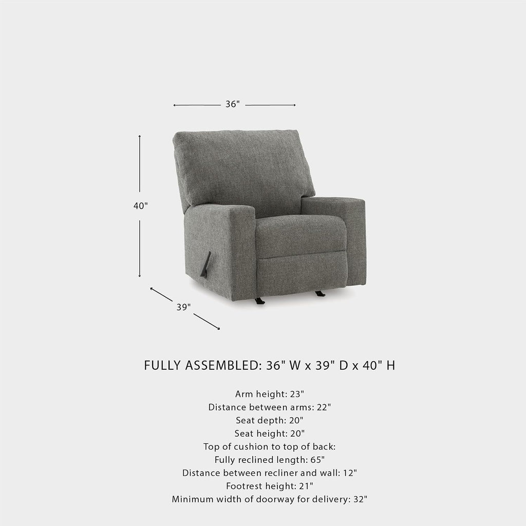 Signature Design by Ashley Revenna Manual Rocker Recliner, Greystone | 100% polyester menswear chenille fabric, Track arm style, Living room and lounge spaces