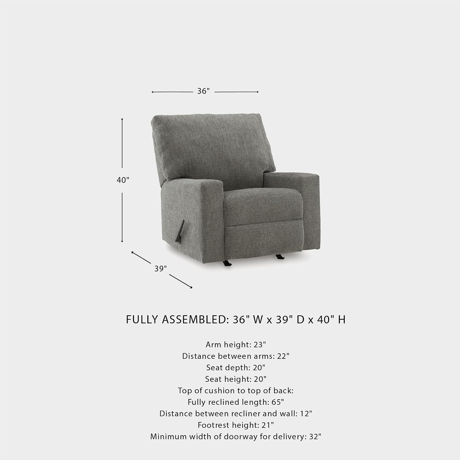 Signature Design by Ashley Revenna Manual Rocker Recliner, Greystone | 100% polyester menswear chenille fabric, Track arm style, Living room and lounge spaces