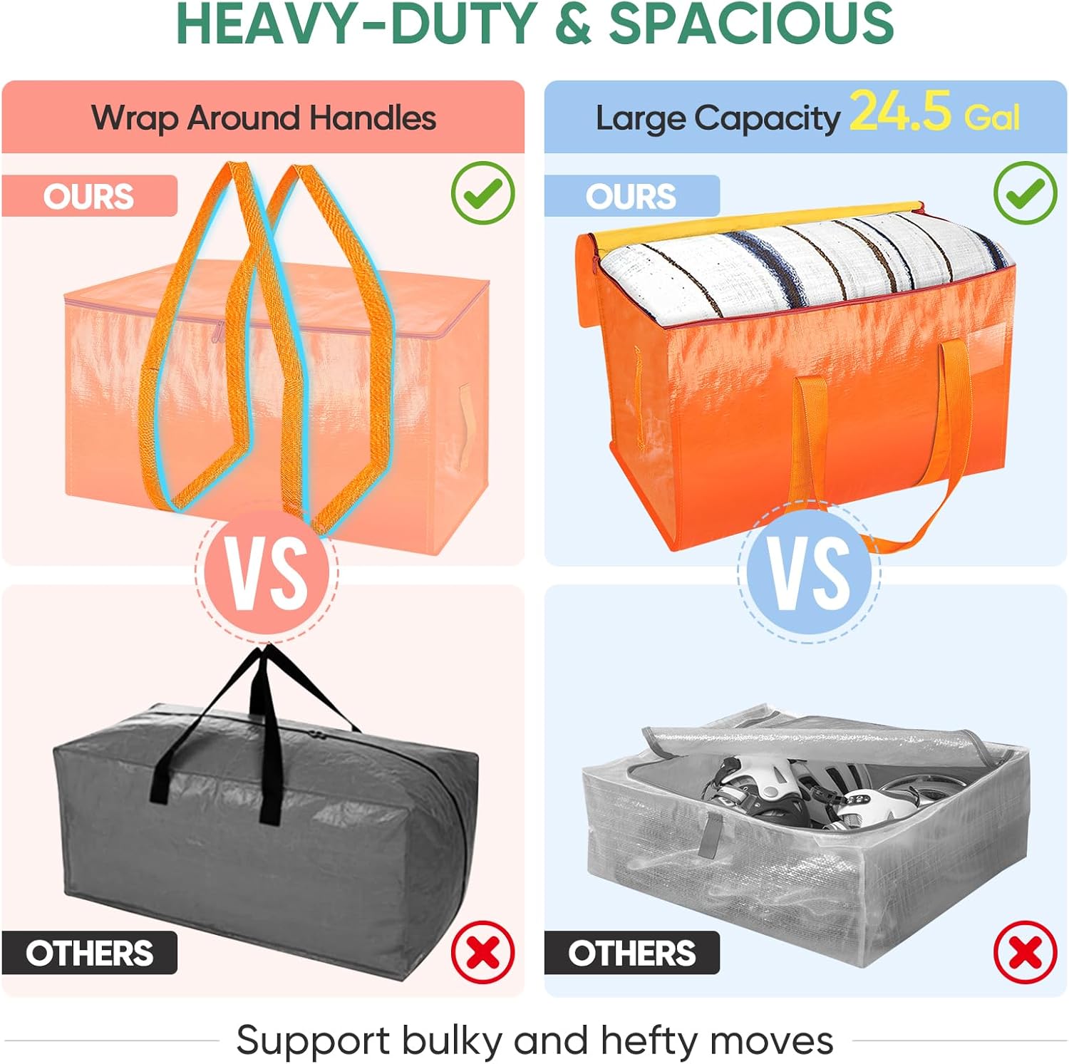 BALEINE 4-Pack Oversized Moving Bags with Reinforced Handles, Heavy-Duty Storage Tote for Clothes, Moving Supplies (Orangel, 4-Pack)