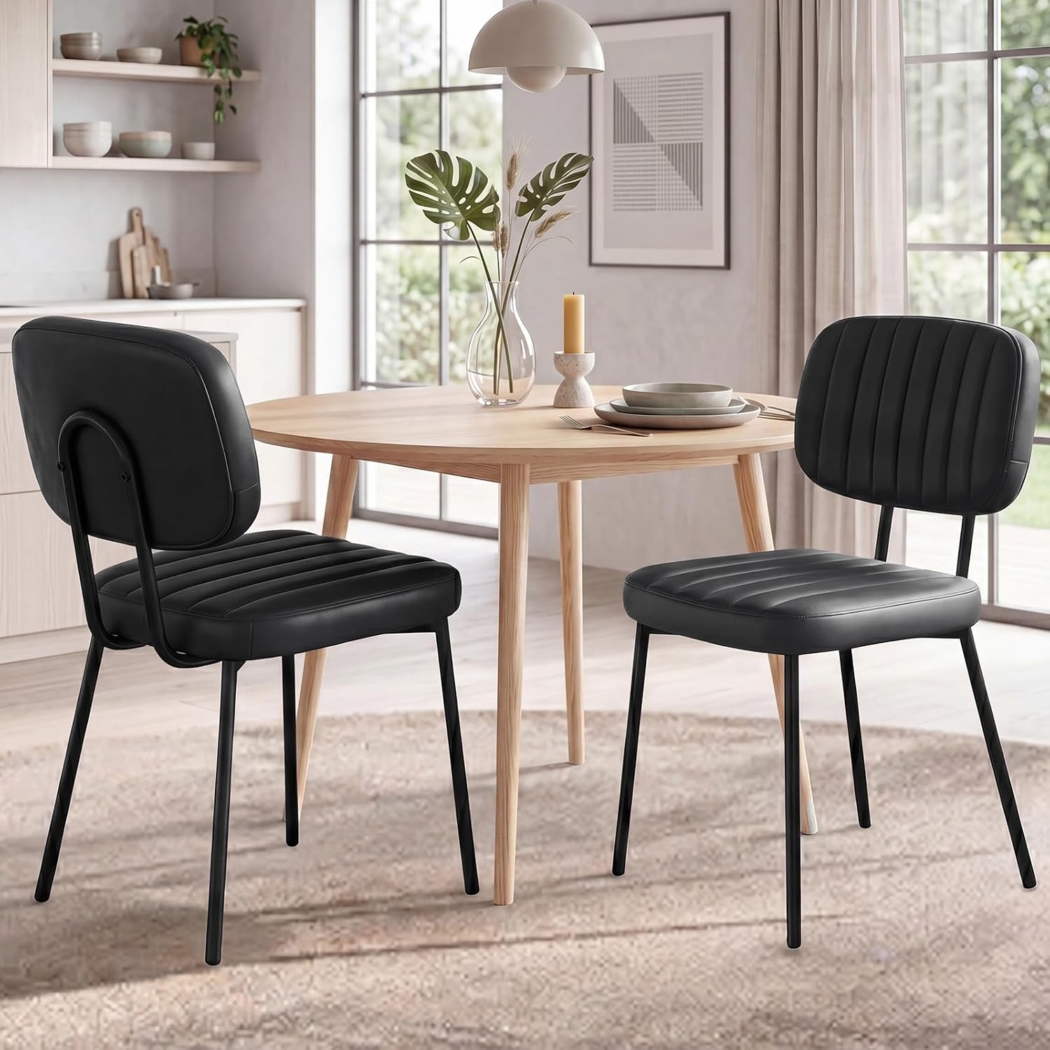 OLIXIS Dining Chairs Set of 2, Mid Century Modern Kitchen Chairs, Black | Faux Leather Cushion Seat, Metal Legs Backrest, Living Room Home Office Bedroom