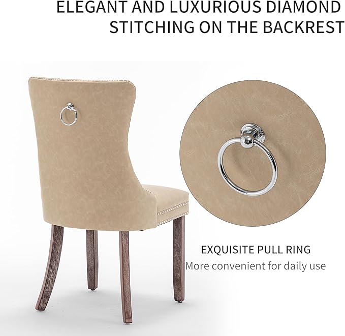 Leather Dining Chairs Set of 4, Upholstered Dining Room Chairs with Nailhead Trim, Sillas de Comedor Modernas 4, Wooden Kitchen Chairs for Dining Room, Living Room, Kitchen, Bedroom, Beige