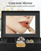TORIBIO Jewelry Box for Women, Leather Jewelry Organizer with Mirror & Lock, 3-Tier Jewelry Storage Organizer with 2 Drawers for Girls/Women/Mothers, Necklace Earring Bracelets Holder Organizer