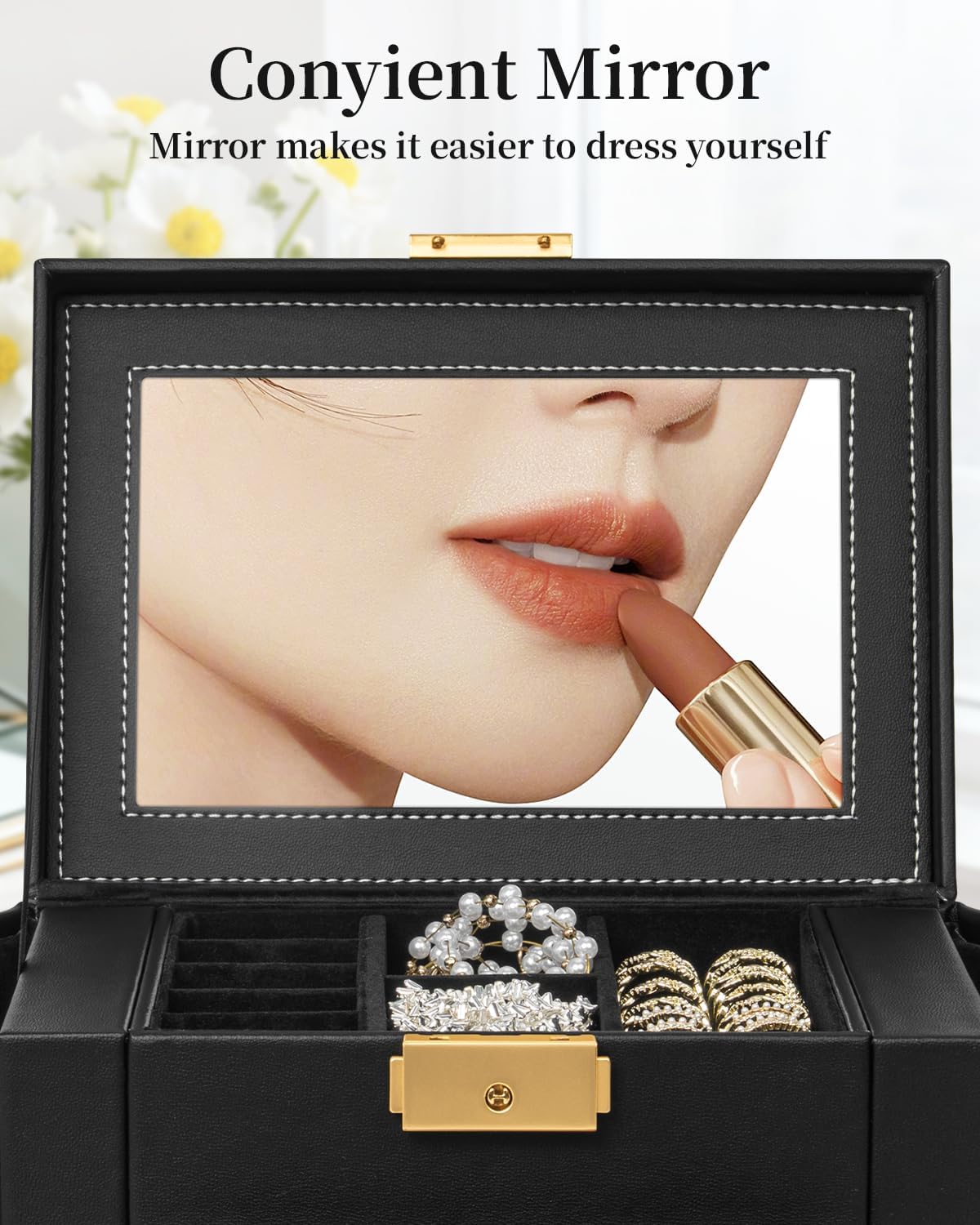 TORIBIO Jewelry Box for Women, Leather Jewelry Organizer with Mirror & Lock, 4-Tier Jewelry Storage Organizer with 3 Drawers for Girls/Women/Mothers, Necklace Earring Bracelets Holder Organizer