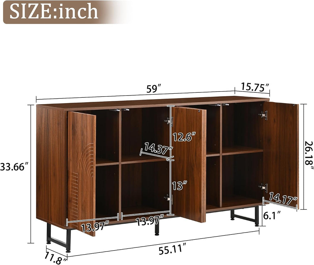Mid-Century Modern Walnut Sideboard Buffet Cabinet, 59*16*33 inches Geometric...