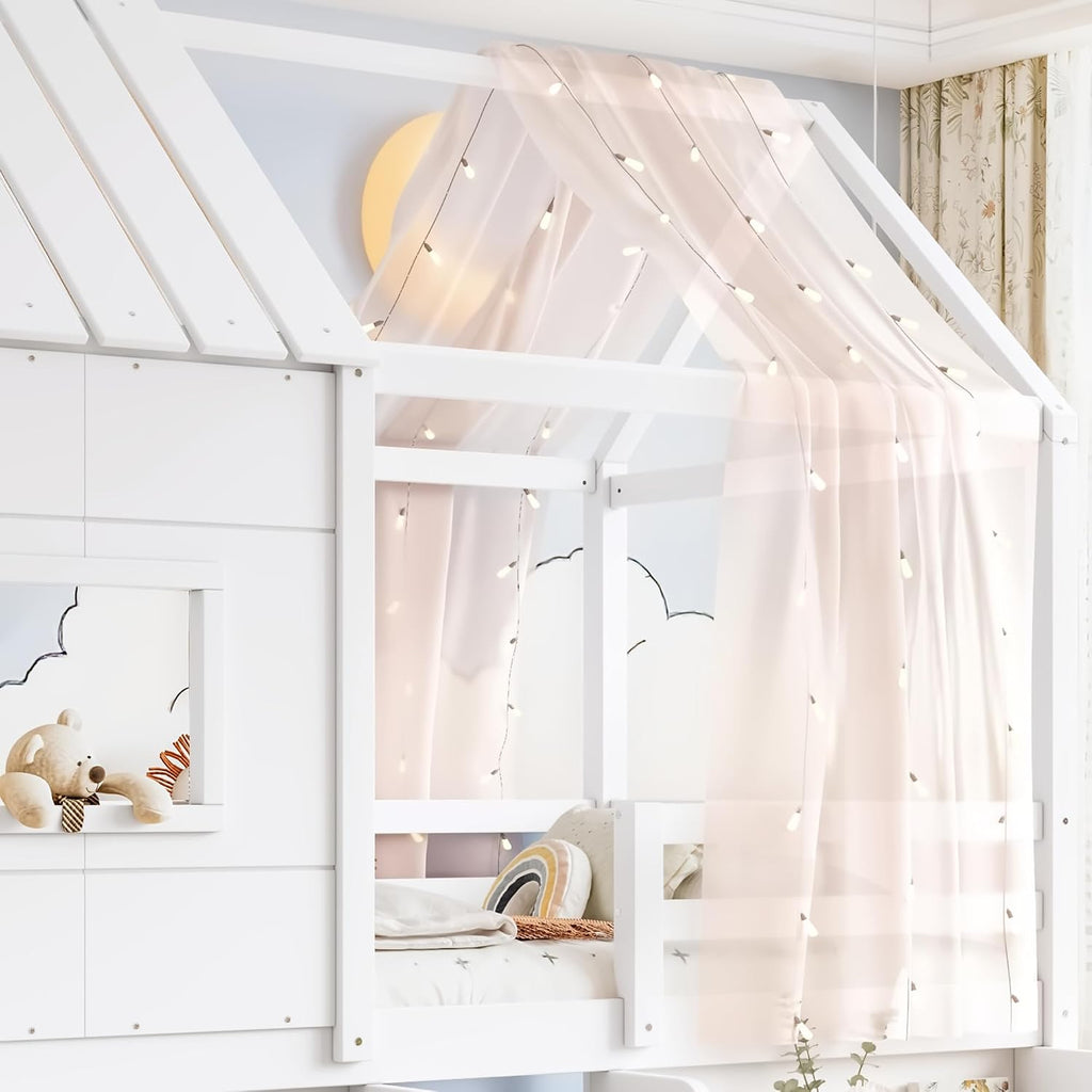 Loft Bed with Storage Shelves and Stairs，Antique White-P：Twin | House Loft Bed with Playhouse Shape Roof and Window