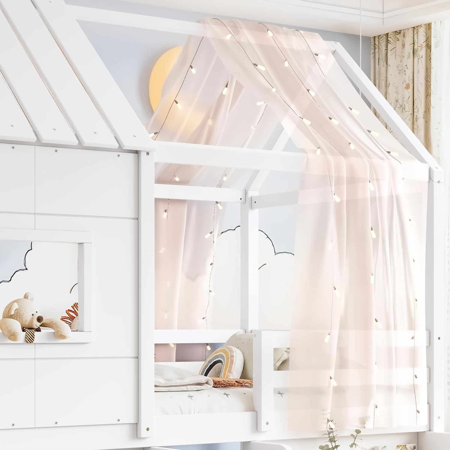 Loft Bed with Storage Shelves and Stairs，Antique White-P：Twin | House Loft Bed with Playhouse Shape Roof and Window