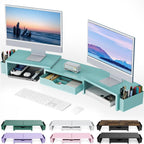 gianotter Dual Monitor Stand Riser, Desk Organizer With Drawer and 2 Pen Holders, Monitor Stand for Desk, Office Decor Essentials (Blue)