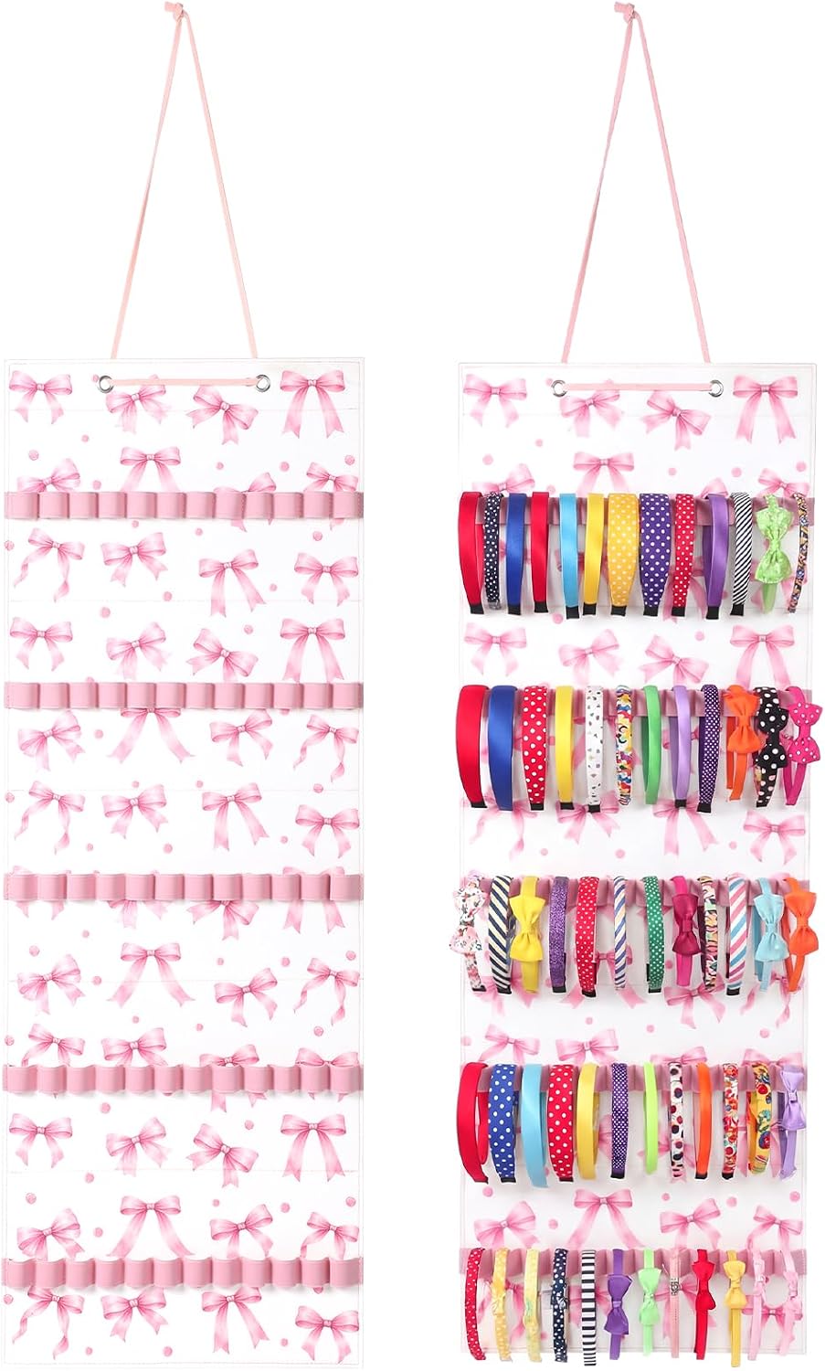 Tudomro Hanging Headband Holder for Girls Felt Hair Accessories Organizer with 60 Elastic Bands Bow Hanger for Girls Hair Bows Without Headbands (Pink,Bow)