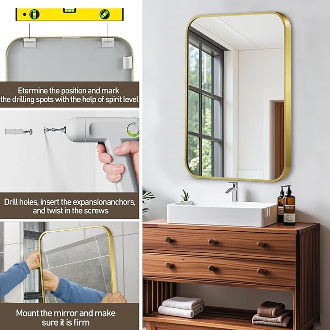 Matte Gold Mirror, 40x30 Inch Brushed Gold Mirror, Aluminum Alloy Framed Vanity Mirror, Rounded Rectangle Bathroom Mirror for Over Sink, Anti-Rust Wall Mirror (Horizontally or Vertically)