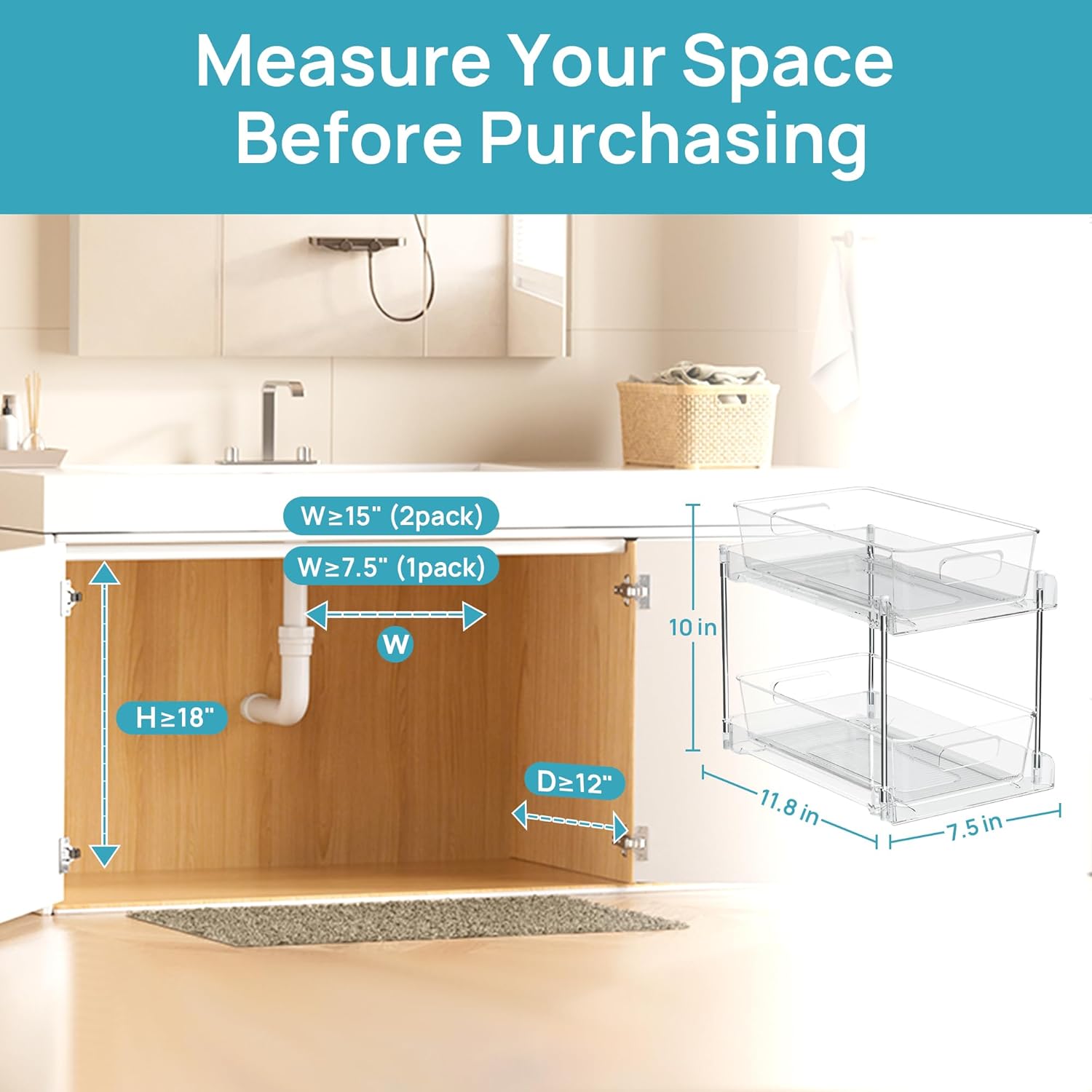 Vtopmart 2 Tier Bathroom Storage Organizer, 2 Pack Clear Under Sink Organizers Vanity Counter Container, Cabinet Drawers Bins, Pull-Out Organization with Track for Pantry, Kitchen