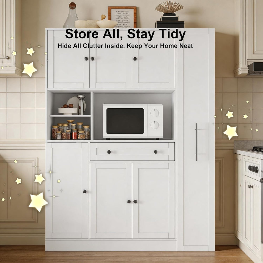 70 Inch Buffet with Hutch and Pull-Out Side Cabinet, White | White P2 MDF, ki...