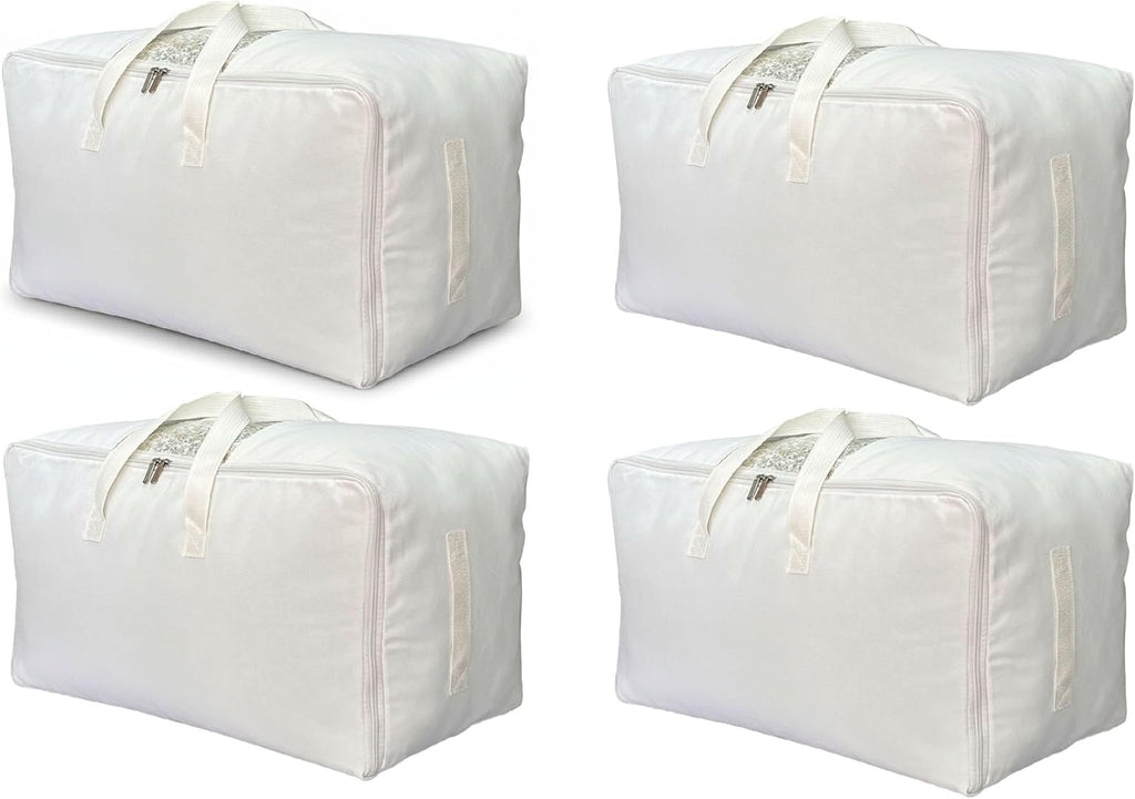 Soft Canvas Clothes Storage Bags with Four Carrying Handles and Clear Window, Closet Organizer for Clothing, Blankets Sheets Pillows and Bedding, 55L, 4 Pack, White