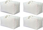 Soft Canvas Clothes Storage Bags with Four Carrying Handles and Clear Window, Closet Organizer for Clothing, Blankets Sheets Pillows and Bedding, 55L, 4 Pack, White
