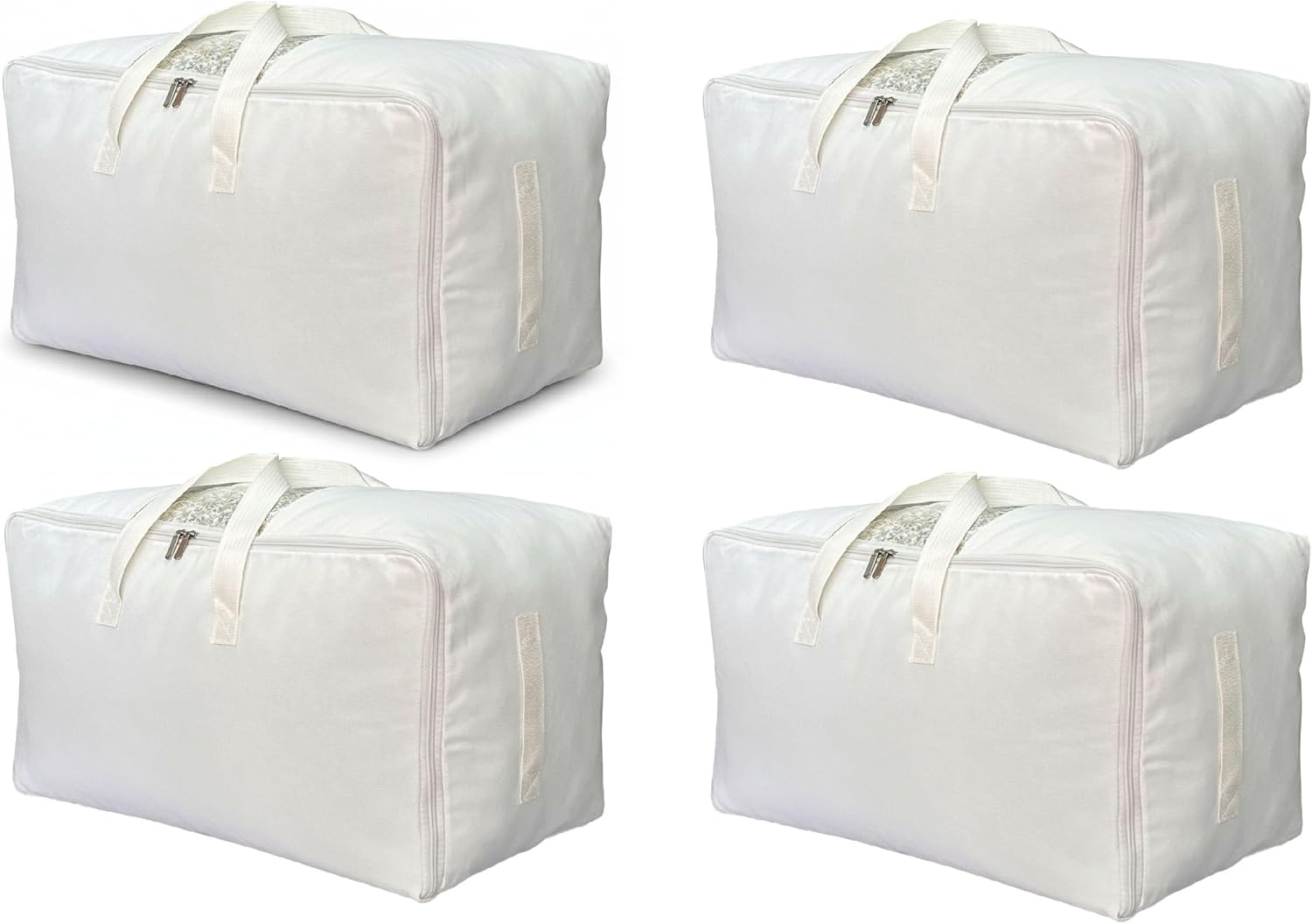 Soft Canvas Clothes Storage Bags with Four Carrying Handles and Clear Window, Closet Organizer for Clothing, Blankets Sheets Pillows and Bedding, 55L, 4 Pack, White