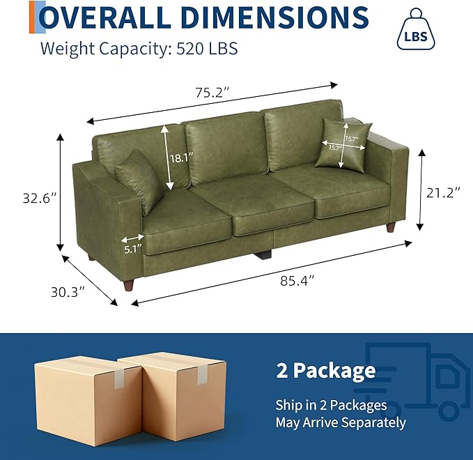 Faux Leather Couch with 2 Throw Pillows, Sofa Couches for Living Room, 3 Seater Sofa with Wide Armrests, Wood Legs, Deep Seats, Back Cushion, Sturdy Support Feet, for Office, Living Room, Olive Green