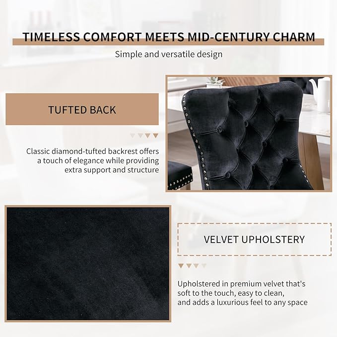 Mid Century Modern Dining Chairs Set of 8, Black Velvet Upholstered Tufted Back, Kitchen & Dining Room Chairs, Brushed Silver Metal Legs, Nailhead Trim, Sillas para Comedor (Black, 8 Pcs)