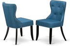 East West Furniture AMSI3-BCH-21 3 Piece Dinette Set for Small Spaces Contains a Round Kitchen Table with Pedestal and 2 Blue Linen Fabric Parson Dining Chairs, 36x36 Inch, Black & Cherry