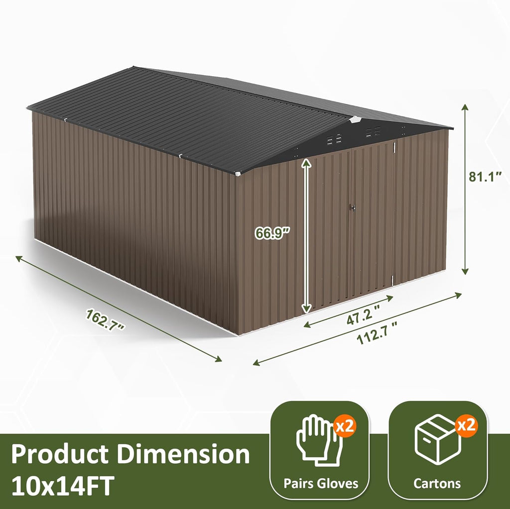 10x14 FT Outdoor Storage Shed, Large Garden Shed with Updated Frame Structure and Lockable Doors, Metal Tool Sheds for Backyard Garden Patio Lawn, Brown