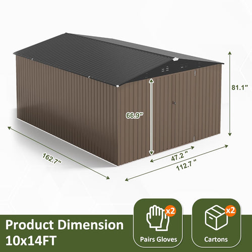 10x14 FT Outdoor Storage Shed, Large Garden Shed with Updated Frame Structure and Lockable Doors, Metal Tool Sheds for Backyard Garden Patio Lawn, Brown