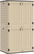 Vertical Outdoor Storage Shed, 60 Cu.Ft Resin Storage Cabinet Waterproof with Lockable Floor, All-Weather Tall Backyard Shed for Patio Furniture, Garage, Garden, Porch (Khaki)