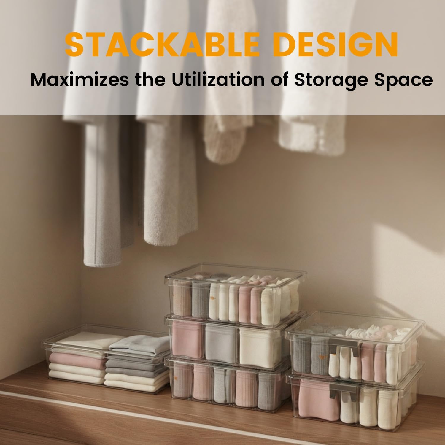 Socks Bra Underwear Drawer Organizer for Closet, 2 PCS Plastic Storage Box with 9 Removable Compartments and Lid, Clear Dresser Drawer Organizer Storage Container with Dividers for Sock Ties Belts
