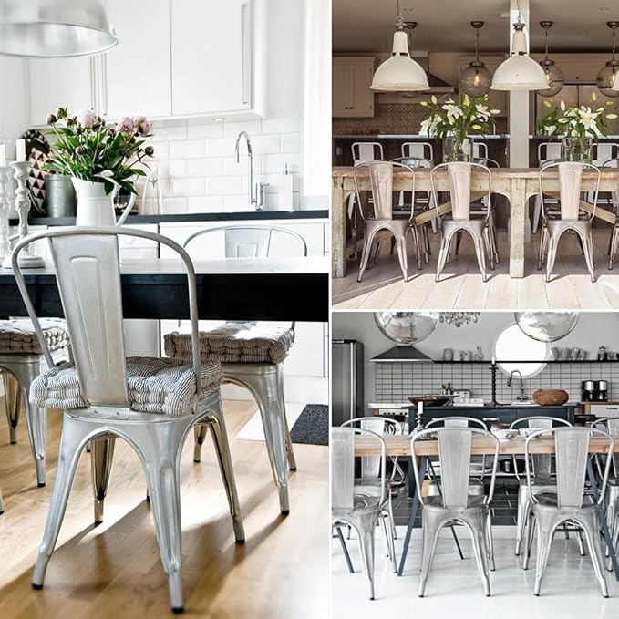 Devoko Metal Indoor-Outdoor Chairs Distressed Style Kitchen Dining Chairs Stackable Side Chair with Back Set of 4 (Silver)