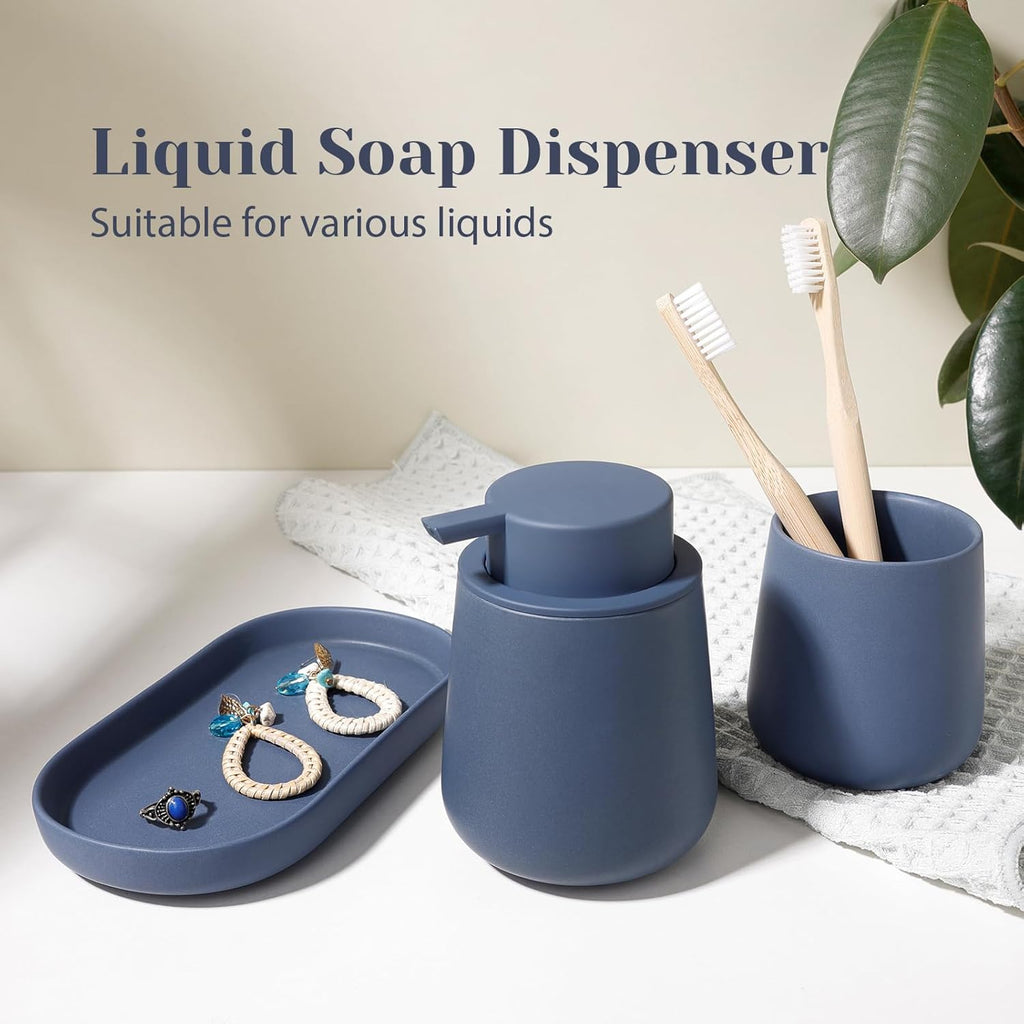 INGOFIN 3 Pcs Ceramic Bathroom Accessory Set - Liquid Soap Dispenser, Toothbrush Holder & Tray, Bathroom Counter Set, Countertop Essentials for Home, Guest Bathroom, or Office Use, Matte Blue