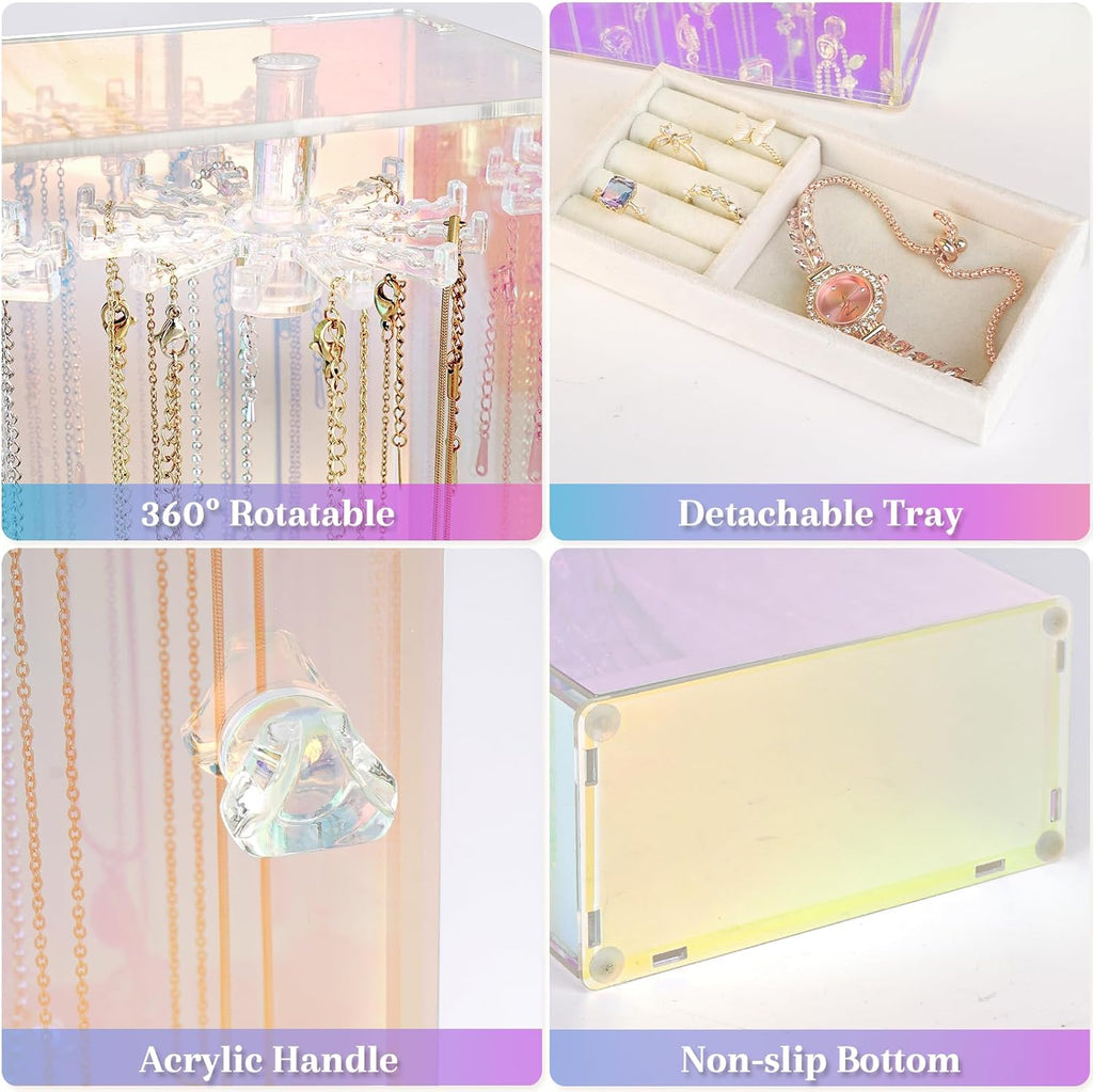 Cirhy Iridescent Necklace Holder Organizer for Women & Girls, Rotating Acrylic Jewelry Display Stand with Velvet Tray, Dustproof Necklace Organizer Box, Great Gift for Her