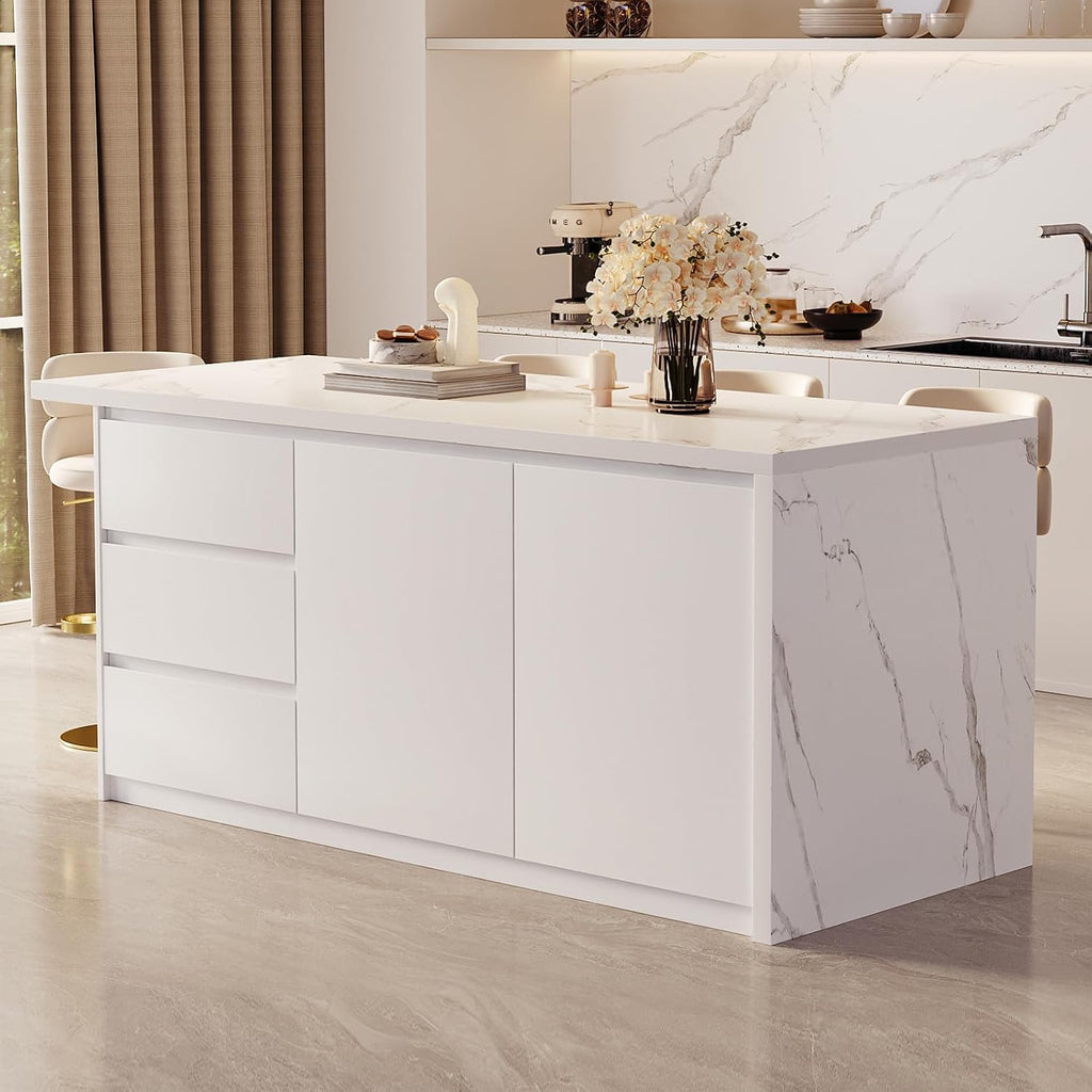homary Kitchen Island with Storage & Wine Rack, 72" Modern White Kitchen Cabinet with Sintered Stone Top, Large Fixed Island with 3 Drawers & 6 Adjustable Shelves, Without Bar Stools