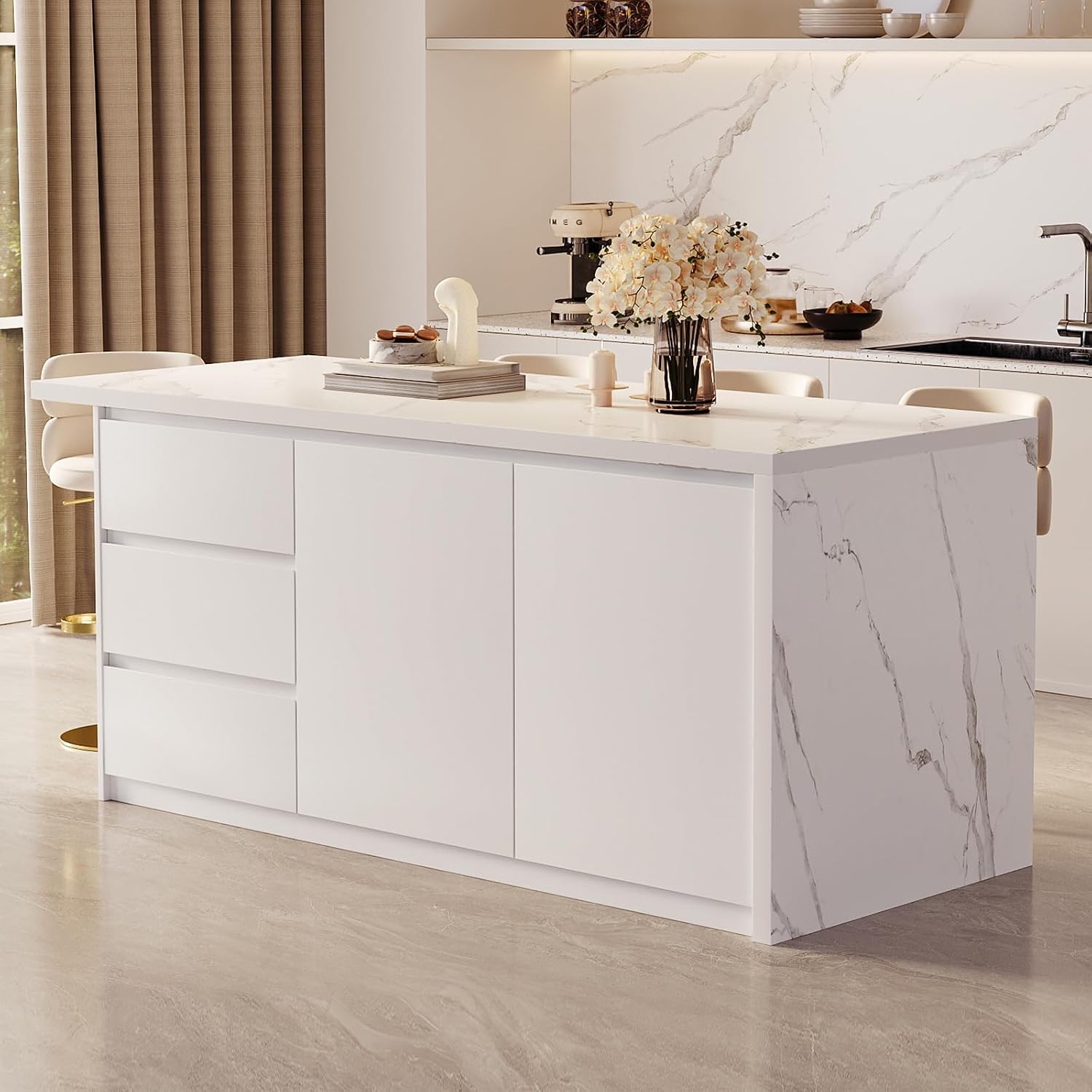 homary Kitchen Island with Storage & Wine Rack, 72" Modern White Kitchen Cabinet with Sintered Stone Top, Large Fixed Island with 3 Drawers & 6 Adjustable Shelves, Without Bar Stools