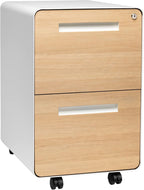 Laura Davidson Furniture Stockpile 2 Drawer Mobile File Cabinet with Lock - Under Desk Metal Filing Cabinet, Legal/Letter File Folders, Wheels and Stationary Feet, Pre-Assembled, White/Wood