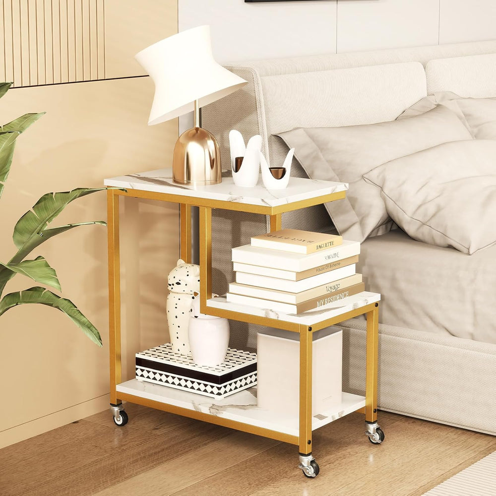 Giantex 3-Tier Side Table with Wheels, G-Shaped Mobile End Table with Open Sh...