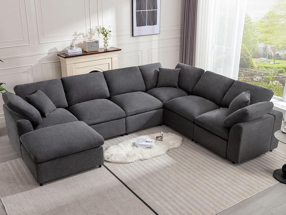 Siiejia Modular 7 Seater Sectional Sofa, Oversized Cloud Couches, Dark Grey