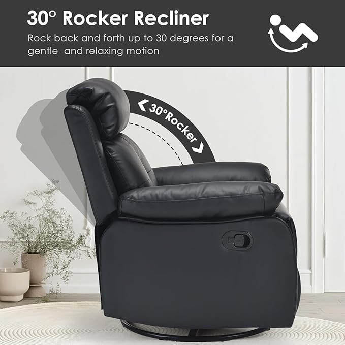 Swivel Rocker Recliner with 360 Degree Swivel, Small Recliners with 30 Degree, 90-150 Degree Angle, Faux Leather Lift Chair for Home Theater Seating, Adults, Living Room, Bedroom, Black