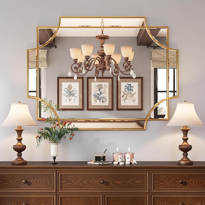Kelly Miller Large Gold Decorative Mirror for Wall, 30"x40" Gold Bathroom Mirror Vanity Wall Mirror Rectangle Mirror Beveled for Master Bath Half Bath Living Room Bedroom Farmhouse Fireplace Hallway
