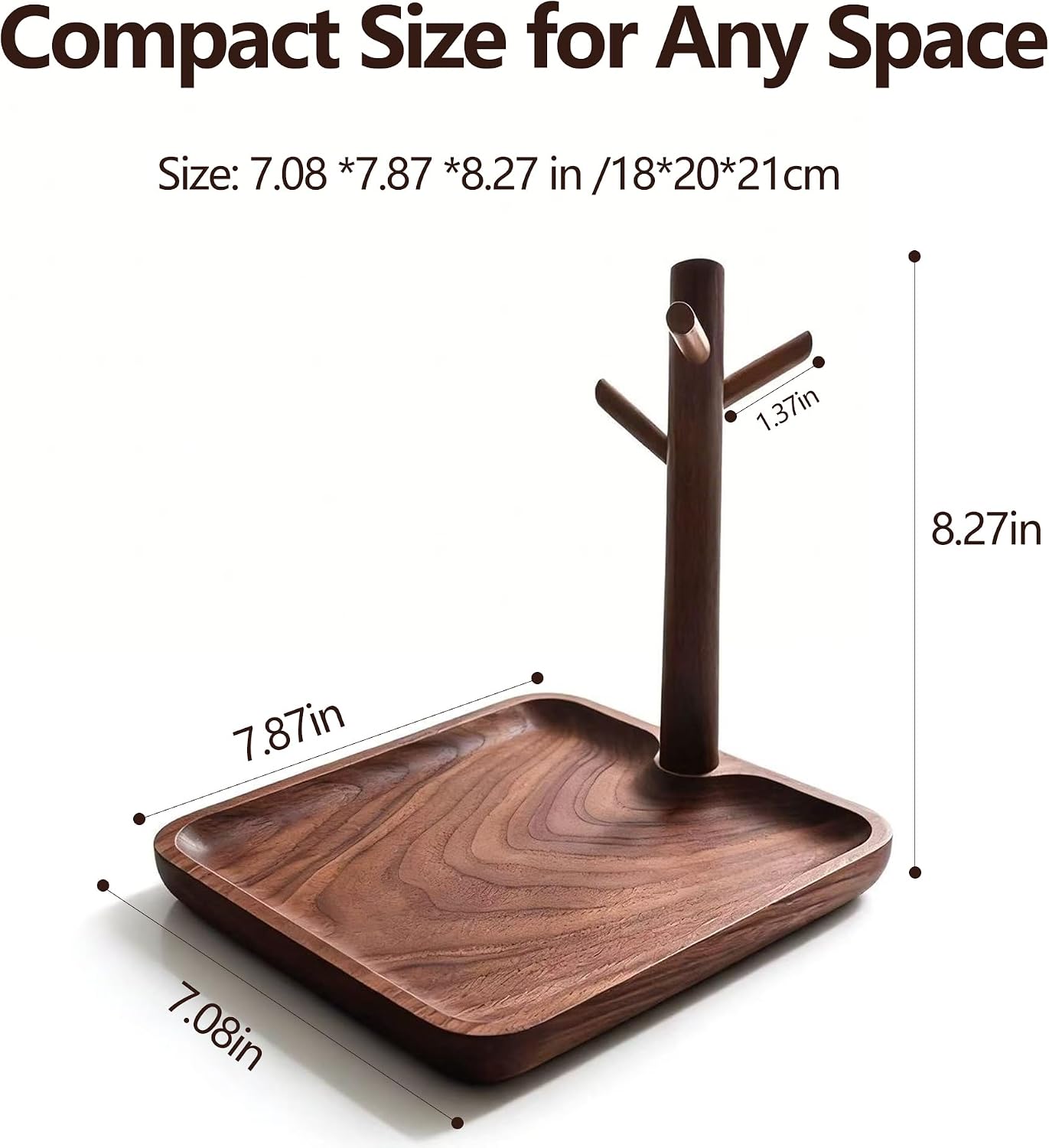 Solid Black Walnut Wooden Key Tray, Key Bowl for Entryway Table | Multi-Functional Table top Key Holder ; Wood key Dish with 3 Hooks ; Organizer for Wallet, Watch, Change, and Jewelry