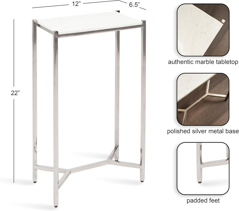 Kate and Laurel Aguilar Modern Glam Slim Side Table, 12 x 7 x 22, White Marbl...