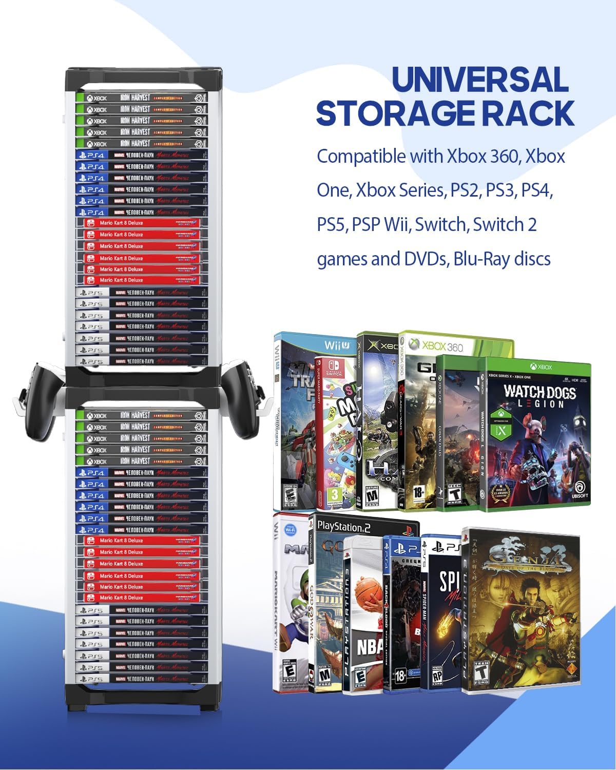 Nargos Video Game Storage Tower, Universal Organizer for PS5/PS4/PS3/PS2, Xbox One/360/Series X/S, Wii, Switch/Switch 2, DVD and Blu-Ray Cases (46 Pcs)