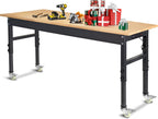 60" Adjustable Work Bench, Rubber Wood Top Workbench Heavy-Duty Work Table with Power Outlet and Wheels, 2000 LBS Load Capacity Hardwood Work Benches for Garage, Workshop, Home, Office, Easy Assembly